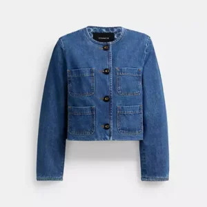 Collarless organic cotton denim jacket