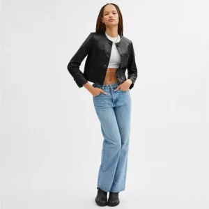Collarless leather jacket